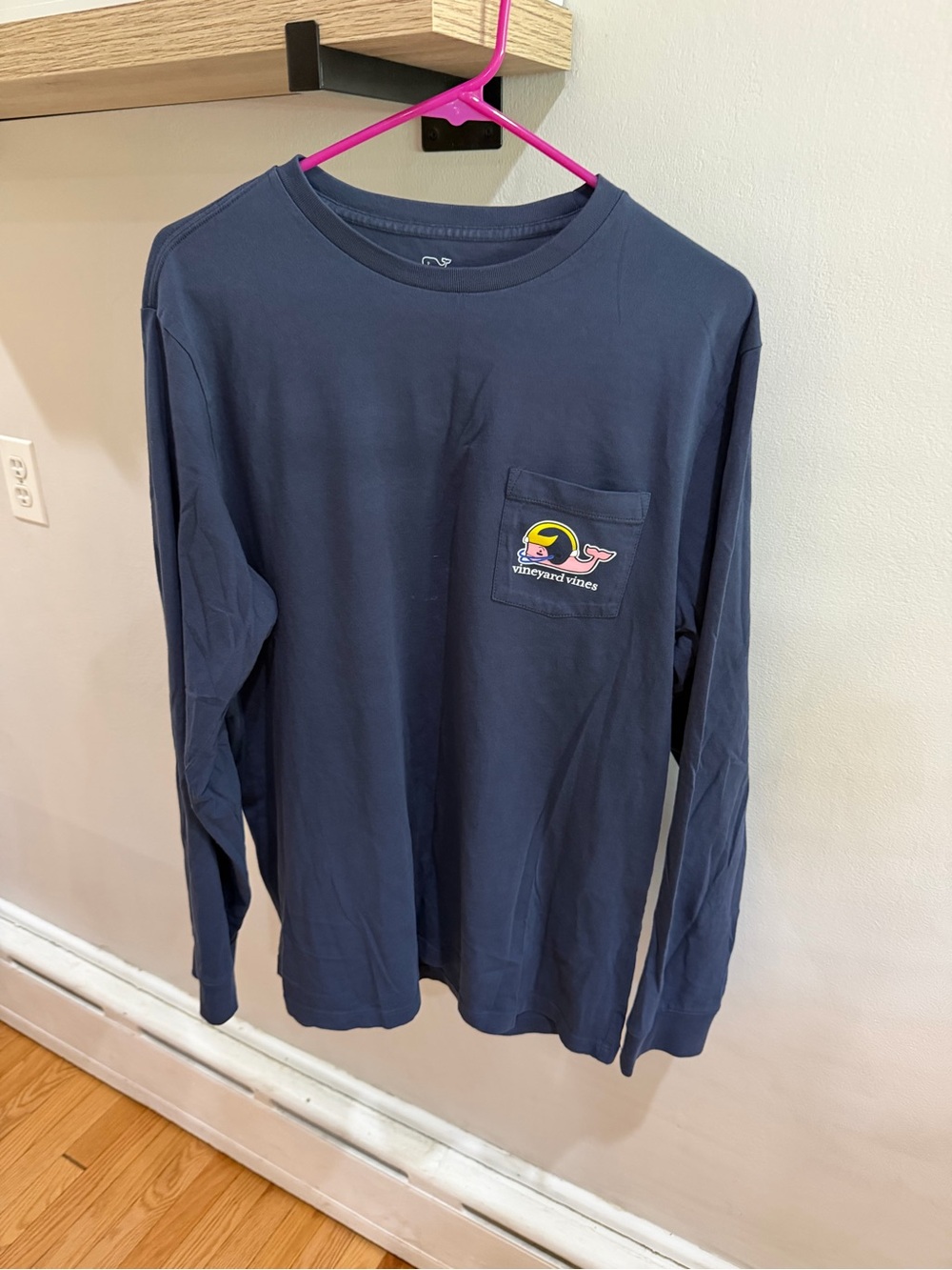 Vineyard Vines Navy Long-Sleeve Pocket Tee with Whale Patch. Michigan Wolverines